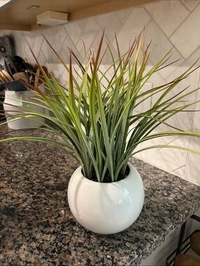 Green Faux Grass Plant in White Ceramic Pot -